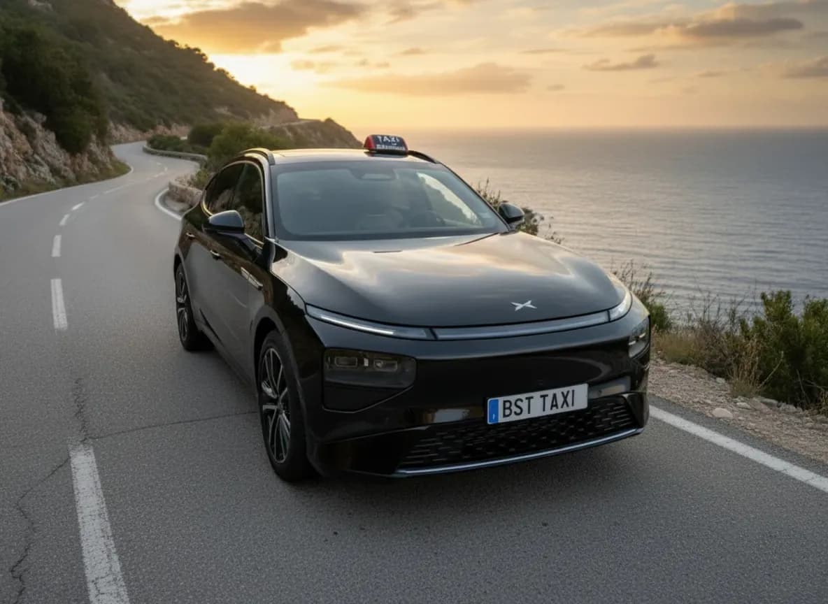 XPeng G9 noir de BST vu de trois quarts avant, lumineux taxi sur le toit